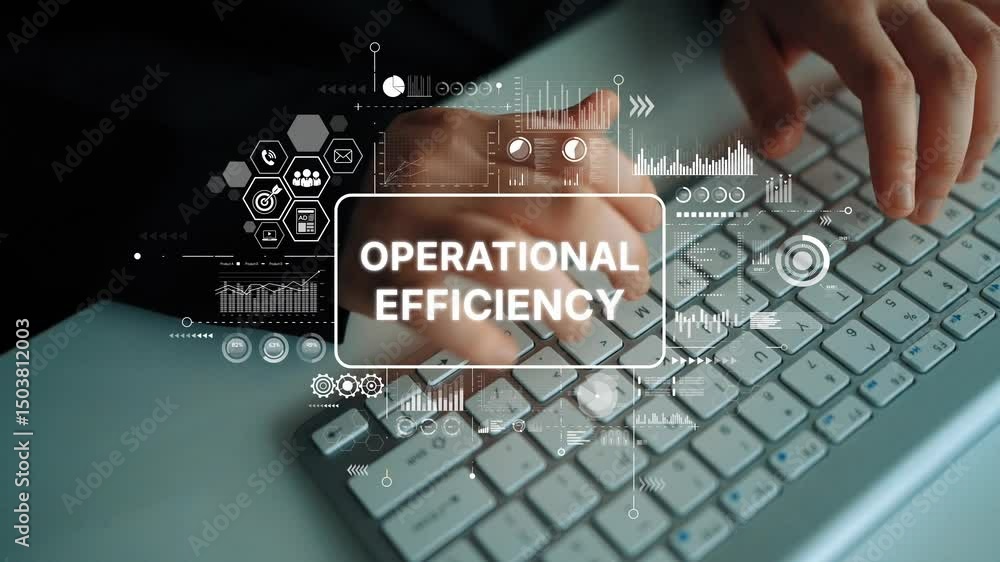 Poster hands typing on keyboard with operational efficiency graphics and data analysis elements in modern o