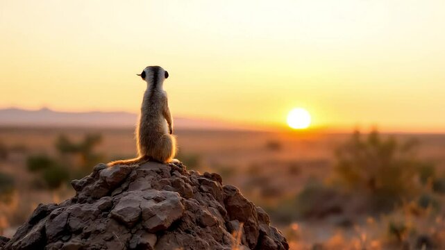  Meerkat perched on termite mound at sunset, scanning horizon