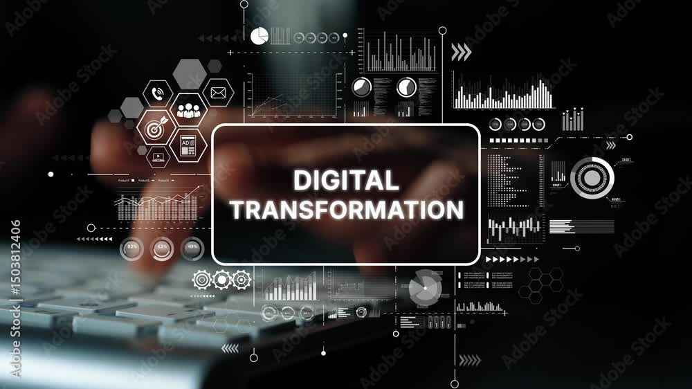 Poster digital transformation in modern technology with keyboard and data visualization graphics. asymptoti