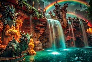 Nighttime fountain in a serene park with cascading water and ancient temple sculptures