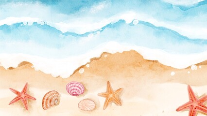 Watercolor landscape of sea shore with starfish and seashell. Tropical beach painting background suitable for invitation card, interior decoration, and presentation design. © Zuanshi