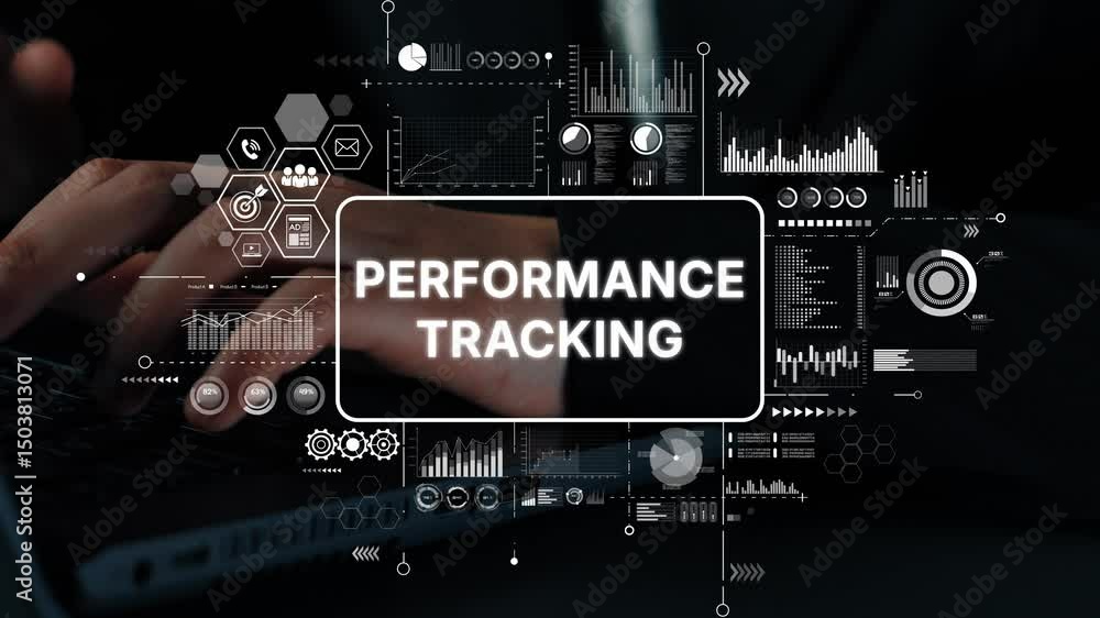 Poster hands on laptop with performance tracking graphics and data analytics symbols displayed in a modern 