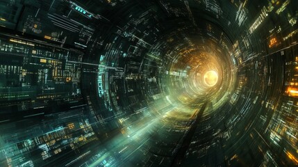 Abstract tunnel vision with glowing light at the end and circuit board like architecture design