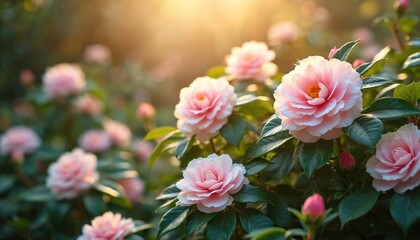 Fototapeta premium Serene garden scene camellia bushes in full bloom. Soft sunlight illuminates pink and white flowers, creating tranquil natural environment. Blooming season in floral landscape.