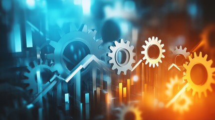 Abstract gears and financial charts in blue and orange tones representing business and technology
