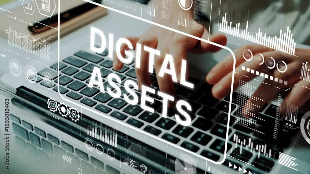 Poster detailed close-up of hands typing on laptop with graphs and digital assets concept overlay. asymptot