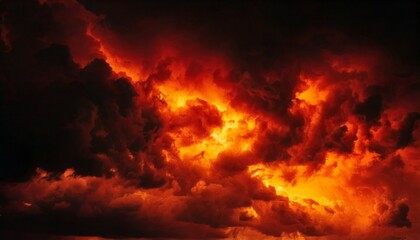 Black dark blood red fire orange yellow sky with clouds. Dramatic background. Thunderstorm storm lightning cloudy. Horror ominous creepy scary evil hell. War explosion smoke. Apocalypse armageddon