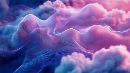 Abstract landscape with wavy lines and clouds in shades of pink blue and purple colors rendering art