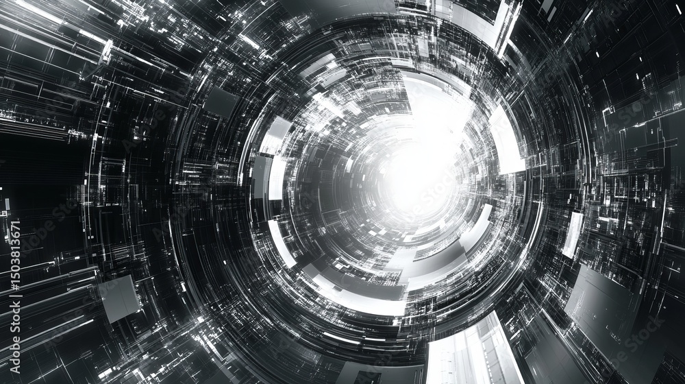Poster abstract view of a futuristic tunnel with glowing light at the end in black and white tones