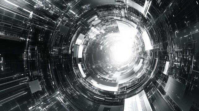 Abstract view of a futuristic tunnel with glowing light at the end in black and white tones