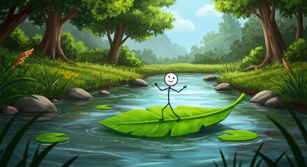Cartoon stick figure sailing on a large leaf down a tranquil river in a lush forest