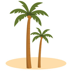 Flat vector illustration of two palm trees growing on sandy ground. Ideal for tropical themes, summer vacation designs, island scenery, nature concepts, or travel-related digital content.