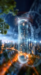 Futuristic urban technology showcase cityscape digital art nighttime aerial perspective innovation and connectivity