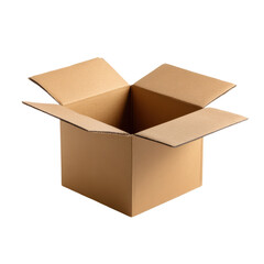 Open brown cardboard shipping box isolated on transparent background

