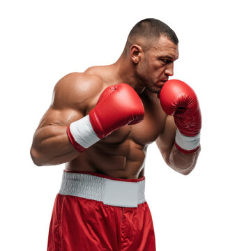 Muscular male boxer in red gloves and shorts posing in guard stance isolated on transparent background