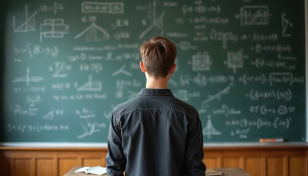 Student stands before blackboard filled with mathematical formulas. Boy studying science, physics or mathematic lessons in classroom. Education concept, learning process, academic activities.