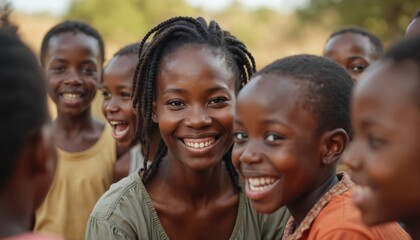 Smiling African woman with happy children outdoors. Group of smiling African kids. Happy diverse kids, education in Africa. Cheerful black people with perfect smiles. Joyful moments of youth.