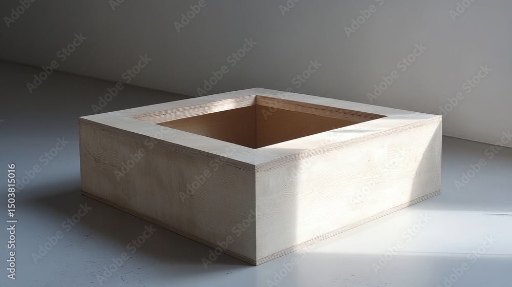 Aufkleber a simple square wooden box with a square hole in the center on a white surface in soft lighting