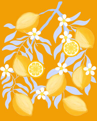 Seamless Lemon and white flower vector illustration with pastel textured background for printable or wrapping. Cute hand draw for wallpaper