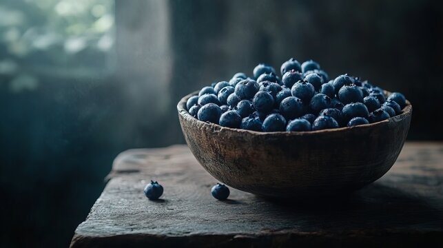 A wooden bowl filled with fresh blueberries on a rustic wooden table in soft natural light setting
