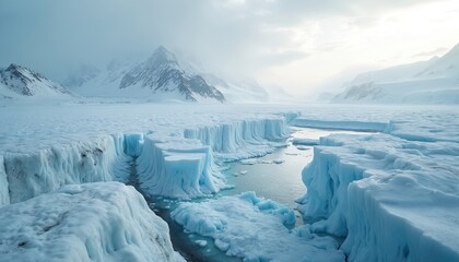 Dramatic photo represents melting glaciers ice caps impacts of global warming on polar regions. Iceberg, mountains, snow, water, arctic, antarctica, climate change, ecology, environmental threat.
