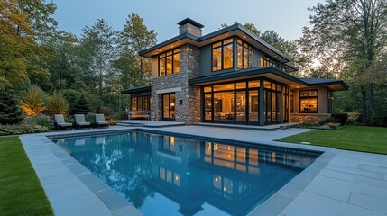 Modern Home Pool Evening View
