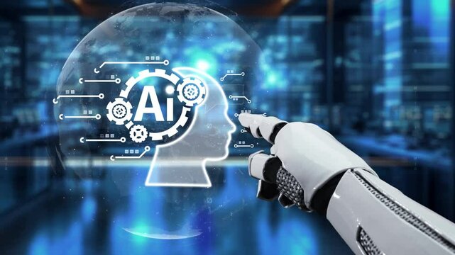 A robotic hand points at a digital brain interface symbolizing artificial intelligence, showcasing communication and data exchange in a modern, futuristic environment. Auvana