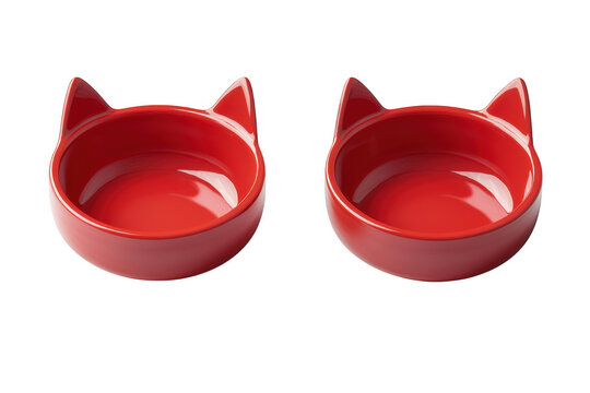 Two red cat shaped pet bowls isolated on transparent background