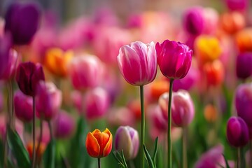 Fototapeta premium Tulip spring flowers bloom nature field garden.