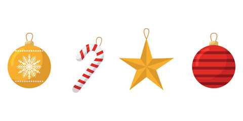 Vector christmas set of tree decoration. Balls bell, candies toy isolated on white background. Winter holidays traditional decor collection