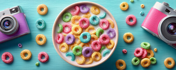 Colorful bowl of fruity cereal with scattered pieces and two vintage cameras on a turquoise wooden background.