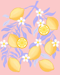 Seamless Lemon and white flower vector illustration with pastel textured background for printable or wrapping. Cute hand draw for wallpaper