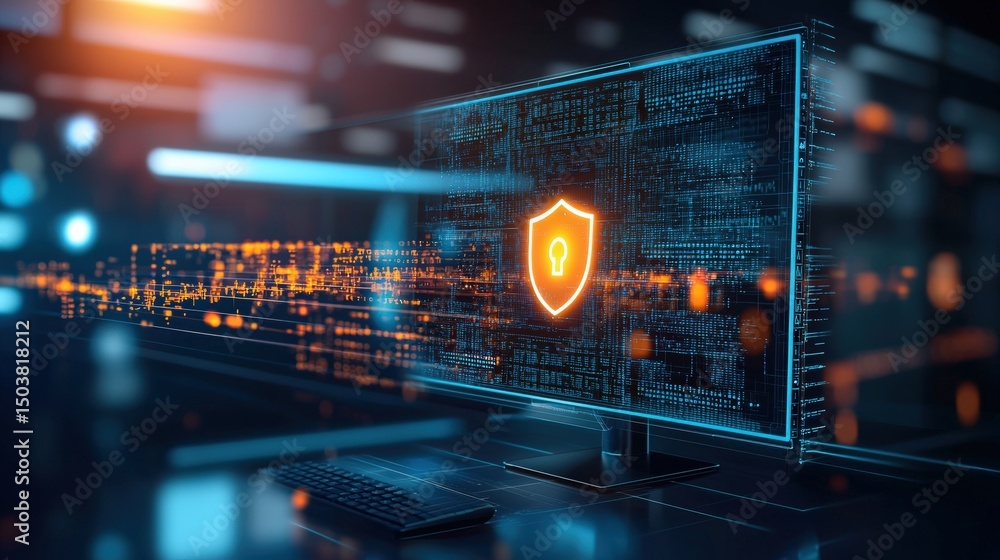 Aufkleber cybersecurity measures protecting digital assets in a virtual workspace technology graphics futurist