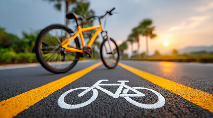 Naklejka premium A yellow bicycle parked on a designated bike lane on a road, with a sunset in the background.