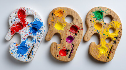 Three wooden artist's palettes with various colorful paint splatters, ranging from bright blues and reds to yellows and greens.