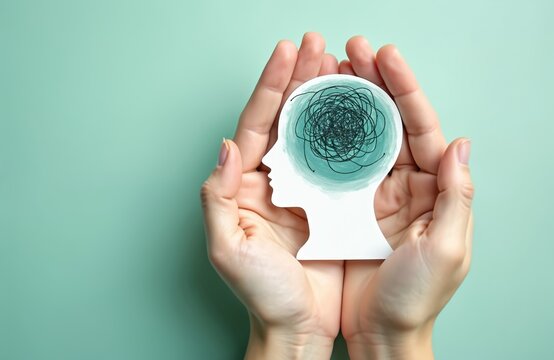 Hands holding human head silhouette attention deficit hyperactivity disorder. Illustration shows confused mind, mental health concept. ADHD, mental health care, psychological issues, neurology,
