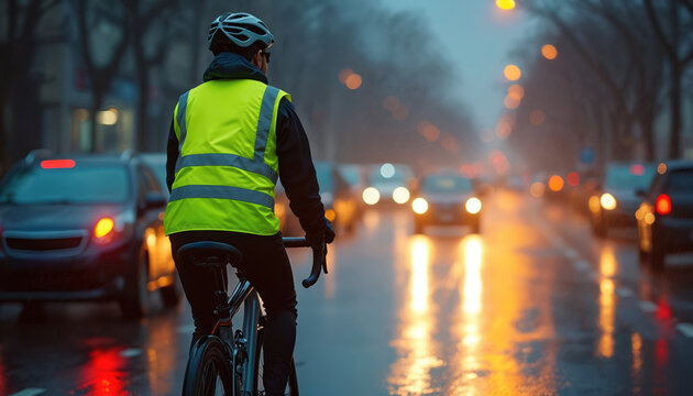 Cyclist wears high visibility vest helmet on busy city road. Bike commuter travels in evening. Safety urban commute with jacket. Rainy wet weather on highway.