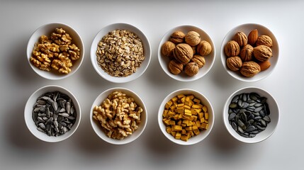 Assorted Nuts and Seeds in Bowls, Healthy Eating Concept