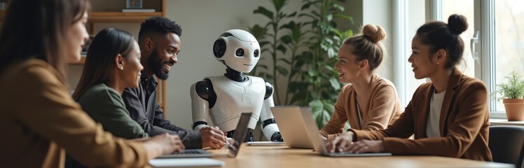 Team working together, discussing ideas with a robot at meeting. Diverse group, human, robot collaboration in tech company. Artificial intelligence, innovation in office.