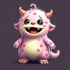 Naklejka premium Adorable Illustration of a Pink, Spotted Monster with Horns and Fluffy Fur on a Dark Background
