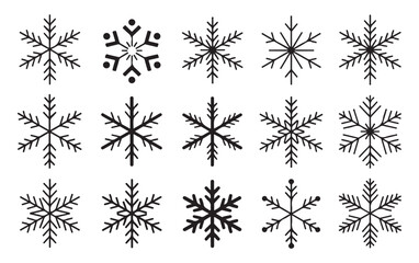 Set of Hand-drawn Black Snowflakes with Intricate Designs, Ideal for Winter, Holiday, and Christmas Themed Illustrations