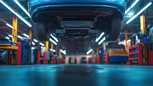Car service bay with vehicle lifted for undercarriage inspection