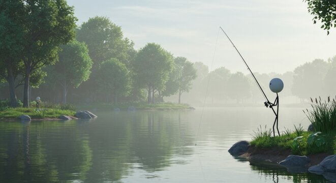 Whimsical fishing adventure: A stick figure angling in a serene lake scenery