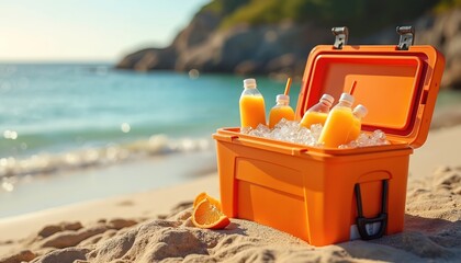 Open ice box with orange juice bottles, ice cubes on sand at beach. Refreshing summer beverage near ocean shore. Healthy hydratation, beachside relax, sunny day. Tropical, coastal, casual, laid back
