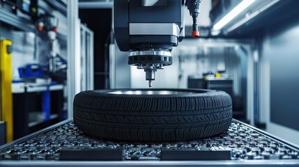 Fuel-efficient tire being installed by machine in auto workshop