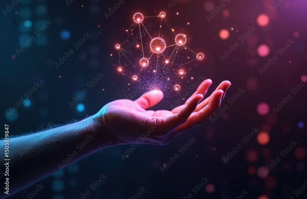 Poster open hand levitates virtual objects, blockchain concept. futuristic network of connections in metave