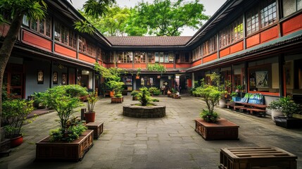 Serene courtyard with traditional architecture, lush greenery, and stone paving