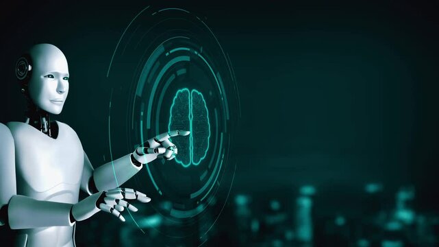 AI hominoid robot touching virtual hologram screen showing concept of big data analytic using artificial intelligence thinking by machine learning process. 3D rendering.
