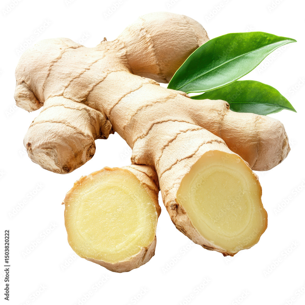 Poster fresh ginger root slice and leaf isolated on a clean white background for culinary use and health be