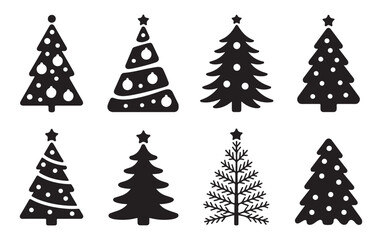 Obraz premium Set of Black Christmas Trees with Stars, Polka Dots, and Spiral Patterns, Ideal for Holiday and Seasonal Graphic Designs